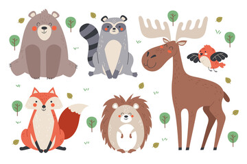 Forest animals characters bear raccoon fox elk bird hedgehog isolated flat cartoon vector set © Irina