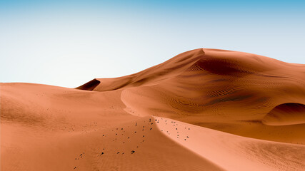 Blue sky and dark orange dunes. Desert dunes landscape with contrast skies. Minimal abstract background. 3d rendering