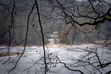 High mountain lake Synevir located in the Carpathian Mountains, Ukraine. Shot made in winter