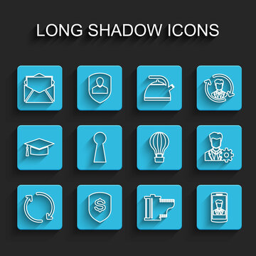 Set line Refresh, Shield and dollar, Mail e-mail, Camera film roll cartridge, Smartphone with contact, Keyhole, Profile settings and Hot air balloon icon. Vector