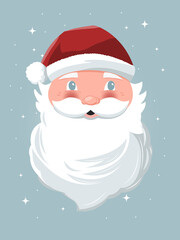 Hand drawn Santa Claus on light blue background with stars. Colorful festive holiday vector illustration.