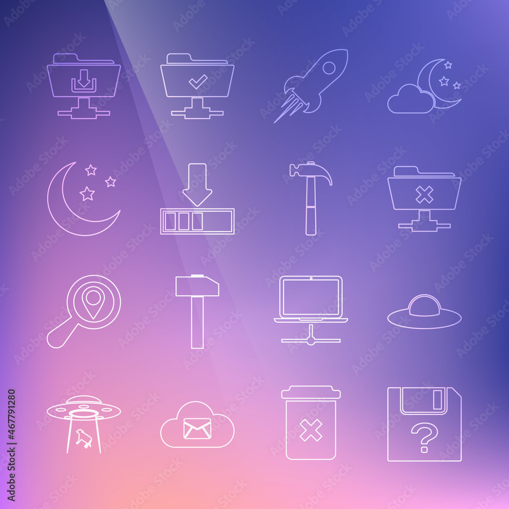 Poster set line unknown document, ufo flying spaceship, ftp cancel operation, rocket with fire, loading, mo