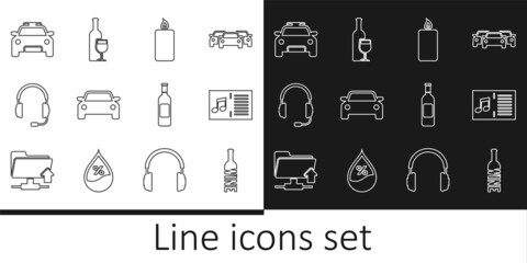 Set line Bottle of wine, Music book with note, Burning candle, Car, Headphones microphone, Police car flasher, and Wine bottle glass icon. Vector