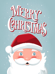 Merry Christmas hand lettering sign with hand drawn Santa Claus and stars on light blue background. Colorful festive  illustration