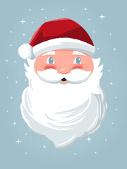 Hand drawn Santa Claus on light blue background with stars. Colorful festive holiday illustration.