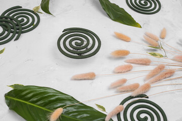 Mosquito spirals on a light stone background with green leaves. Mosquito repellents