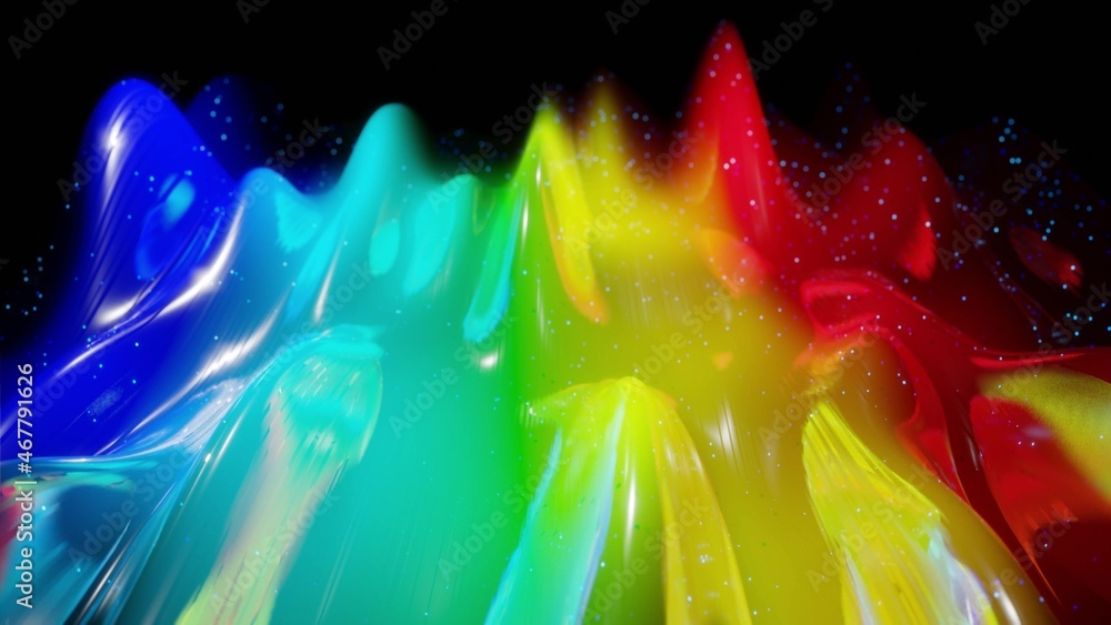 Poster 3d rendering. abstract 3d surface with beautiful waves, luminous sparkles and bright rainbow color g