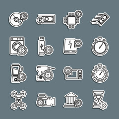 Set line Hourglass setting, Time management, Stopwatch, Processor, USB flash drive, Washer, CD DVD disk and Power bank icon. Vector