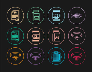 Set line Dog collar, Collar, Bag of food for cat, pet, Certificate dog, and icon. Vector