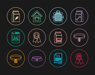 Set line Pet award symbol, Collar with name tag, carry case, Cat, Canned food for cat, Bag of, and Dog house and paw print pet icon. Vector