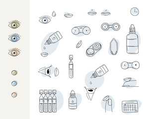 Eye care vector set. Contact lenses doodle vector illustrations. Eye lens, drops, tweezers, case, wash liquid, colored contacts, calendar.