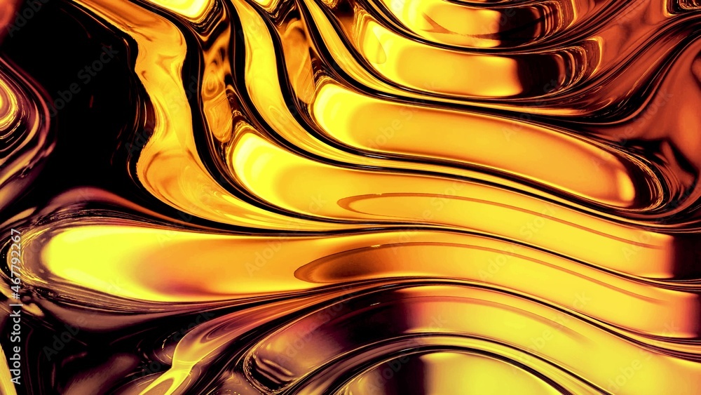 Poster abstract background with wavy sparkling golden liquid pattern on shiny glossy surface. viscous yello