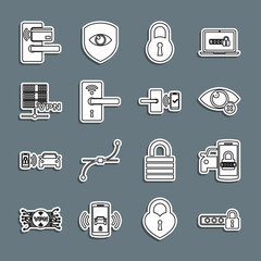Set line Password protection, Smart car security system, Invisible hide, Lock, Digital door lock with wireless, Server VPN, and icon. Vector