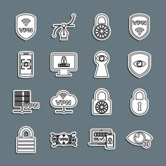 Set line Invisible or hide, Lock, Shield and eye, Safe combination lock wheel, Monitor with password, Mobile scan, VPN wireless and Keyhole icon. Vector