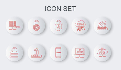 Set line VPN Network cloud connection, Lock, Money lock, Computer network, Server, Safe combination wheel, Password protection and Mobile and password icon. Vector