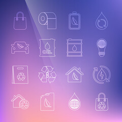 Set line Shopping bag with recycle, Recycle clean aqua, Light bulb world globe, Eco nature leaf and battery, Oil barrel, car drive, and icon. Vector
