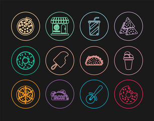 Set line Donut, Ice cream, Glass with water, Pizza, Taco tortilla and Pizzeria building facade icon. Vector