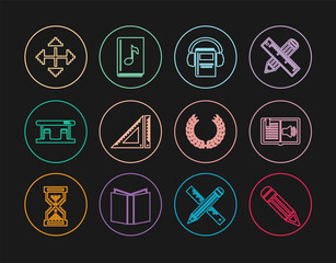Set line Pencil, Audio book, Triangular ruler, Gas filling station, Pixel arrows four directions, Laurel wreath and icon. Vector