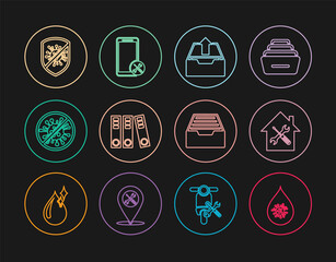 Set line Dirty water drop, House service, Upload inbox, Office folders, Stop virus, bacteria, Drawer with documents and Mobile icon. Vector