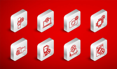 Set line Washer service, Laptop, Photo camera, Processor, Toaster, Wrist watch, Blender and Video icon. Vector