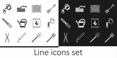 Set line Garden pitchfork, Watering can, fence, Gardening handmade scissor, Fertilizer bag and hose fire hose icon. Vector