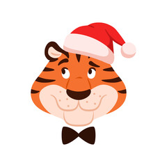 Cartoon smiling thinking striped tiger head in Santa hat isolated on white background. Cute funny wild cat portrait. New Year 2022 Chinese symbol. Holiday orange animal character vector illustration.
