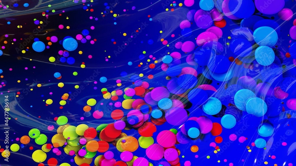 Poster abstract background of shiny glossy surface like wavy blue liquid with rainbow color circles like dr