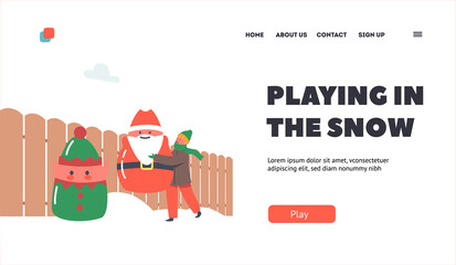 Xmas Season, Preparation for Winter Holidays Landing Page Template. Little Child Decorate House Yard with Santa and Elf