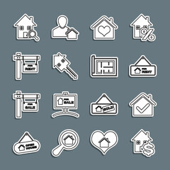 Set line House with dollar, check mark, Hanging sign For Rent, heart shape, key, Search house and plan icon. Vector
