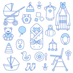 Newborn baby accessories thin line icons set on white background. Stylish kids outline objects. Baby shower banner design. Cute infant supplies. Crib diaper clothes toys stroller vector illustration.