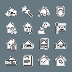 Fototapeta na wymiar Set line Search house, Hanging sign with Sold, For Rent, Rising cost of housing, House under protection, percant, Sale and Man dreaming about buying icon. Vector