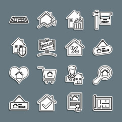 Set line House plan, Search house, Hanging sign with For Sale, Rising cost of housing, Sold, under protection, and percant icon. Vector