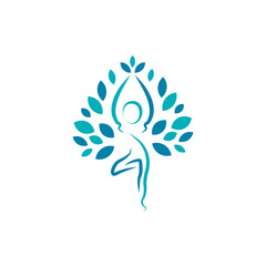 Linear Women Silhouette with Green Leaves for Fitness and Wellness Vector Logo Design Template Element