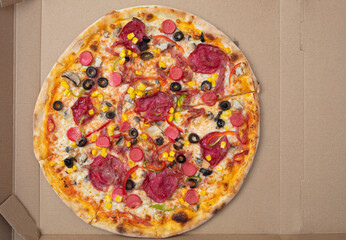 Freshly baked pizza with sausage, tomato, olive