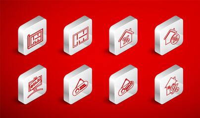 Set line House with percant, plan, Hanging sign Sold, Open house and icon. Vector