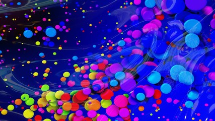 abstract background of shiny glossy surface like wavy blue liquid with rainbow color circles like drops of paint in oil. Beautiful creative background with color gradient. 3d render