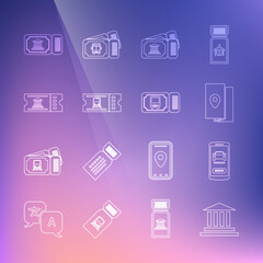 Fototapeta na wymiar Set line Museum building, Online car sharing, Cover book travel guide, ticket, Train, and Bus icon. Vector