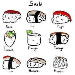 
Illustration set of sushi. Type sushi on white background 