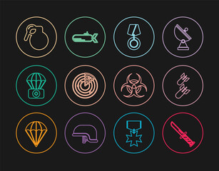 Set line Military knife, Aviation bomb, reward medal, Radar with targets, Parachute first aid kit, Hand grenade, Biohazard symbol and Submarine icon. Vector