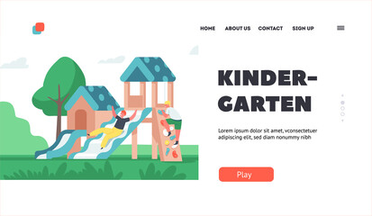 Kindergarten Landing Page Template. Happy Children Playing and Fun on Playground or Kids Zone. Characters Active Games