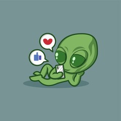 cute cartoon alien character relaxing on social media on mobile. vector illustration for mascot logo or sticker