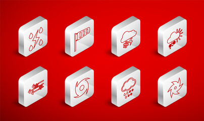 Set line Tornado, Cone meteorology windsock wind vane, Cloud with snow and lightning, Cloudy, rain, Storm, and Wind icon. Vector