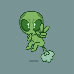 Cute cartoon alien character ejects with fart power. vector illustration for mascot logo or sticker