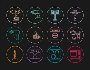 Set line Microwave oven, Nail gun, Electric heater, Chainsaw, industrial dryer, cordless screwdriver, Washer and icon. Vector