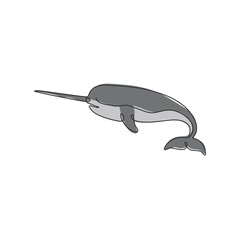 Single continuous line drawing of adorable narwhal for logo identity. Narwhale animal mascot concept for magical creature icon. One line draw design vector graphic illustration © Simple Line