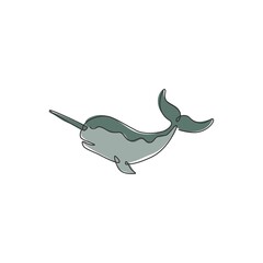 One continuous line drawing of cute narwhal with tusk for marine company logo identity. Unique narwhale mascot concept for fairy creature icon. Single line draw design graphic vector illustration © Simple Line