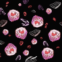 seamless floral pattern.
illustration of sushi pattern on a dark background.