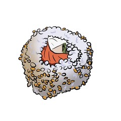illustration of sushi with sesame seeds on a white background