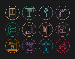 Set line Electric circular saw, Gas stove, Construction jackhammer, Vacuum cleaner, construction stapler, Refrigerator, Telephone and heater icon. Vector