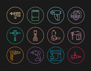 Set line Angle grinder, Rotary hammer drill machine, Electric industrial dryer, Blender, Construction jackhammer, and Refrigerator icon. Vector